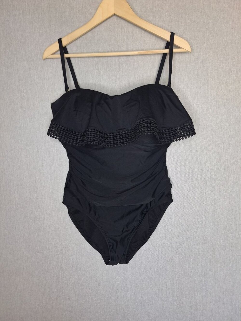 NWT Kona Sol Black One Piece Swimsuit L 12-14 Ruffle Bandeau Pom Trim